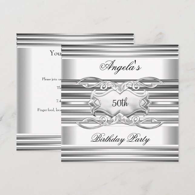 Invitación Joya de Plata Blanca 50.ª Fiesta de Cumpleaños Ele (Anverso / Reverso)