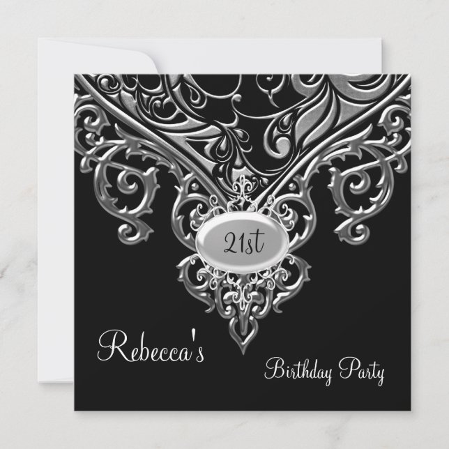 Invitación Joya de plata negra ornamentada Cumpleaños elegant (Anverso)