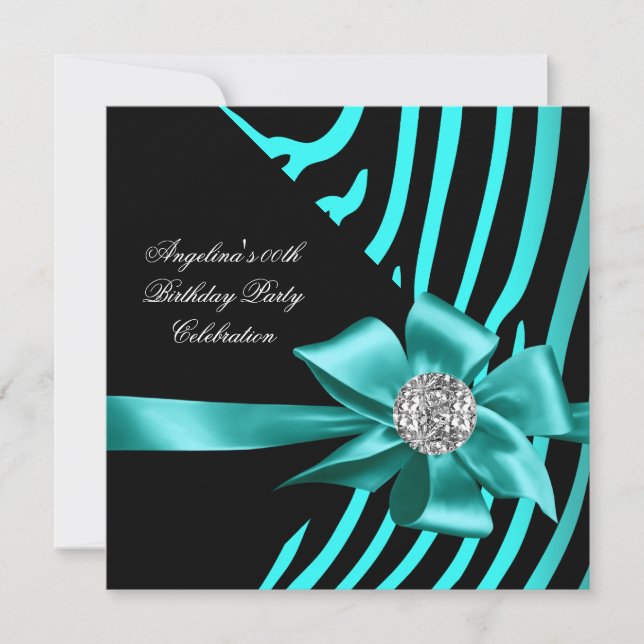 Invitación Joya de plata Verde azulada de cebra Fiesta elegan (Anverso)