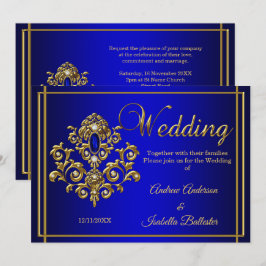 Invitación Joya Elegante Boda Azul Real Oro