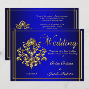 Invitación Joya Elegante Boda Azul Real Oro