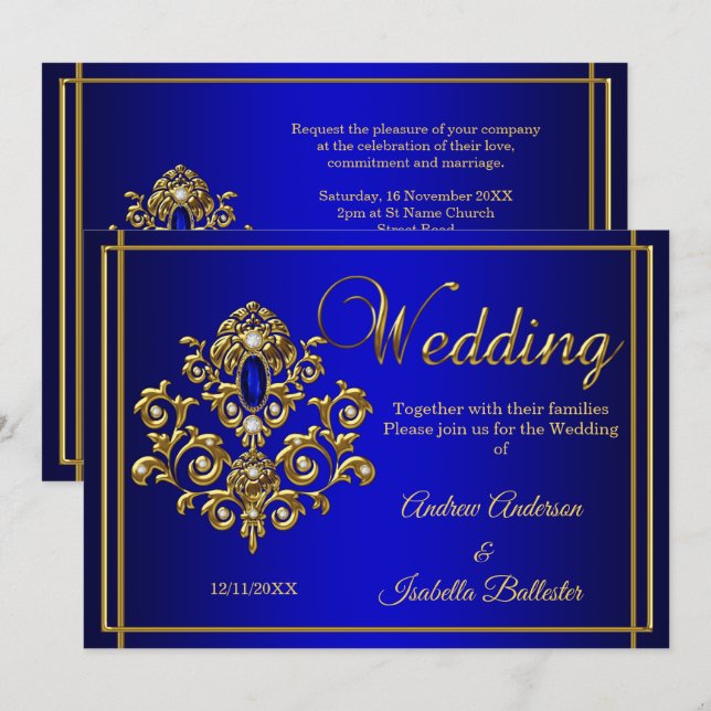 Invitación Joya Elegante Boda Azul Real Oro (Anverso / Reverso)