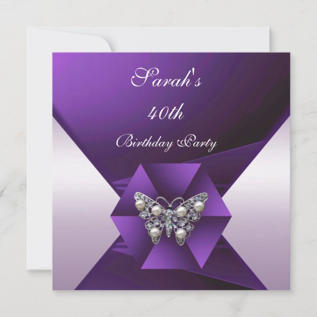 Invitación Joya Elegante Púrpura Perla Cumpleaños 40 (Anverso)