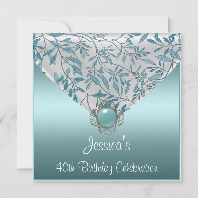 Invitación Joya Floral Azul Teal Blanco Cumpleaños 40 (Anverso)