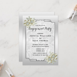 Invitación Joya Floral Elegante, Compromiso de Plata en Marco