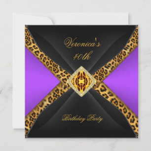 Invitación Joya Leopardo Negro Oro Púrpura 40 Cumpleaños