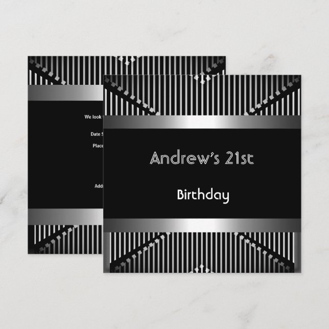 Invitación Joya Metalizado negra plateada, Fiesta de cumpleañ (Anverso / Reverso)