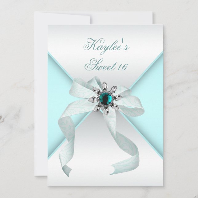 Invitación Joya verde azulada Bow Bonito Dulce Blanco Diecisé (Anverso)