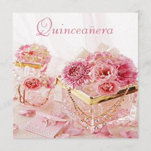 Invitación Joyas de glamour, flores rosas y cajas quinceañera