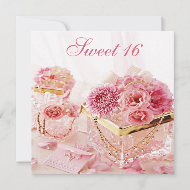 Invitación Joyas de glamur, flores y cajas rosas dulces 16 (Anverso)
