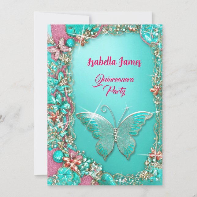 Invitación joyas de oro turquesa rosa brillante mariposas (Anverso)
