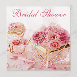 Invitación Joyas del encanto, flores rosadas y ducha nupcial