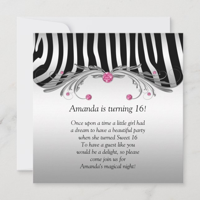 Invitación Joyas rosadas de 16 dorados Zebra negra FAUX (Anverso)