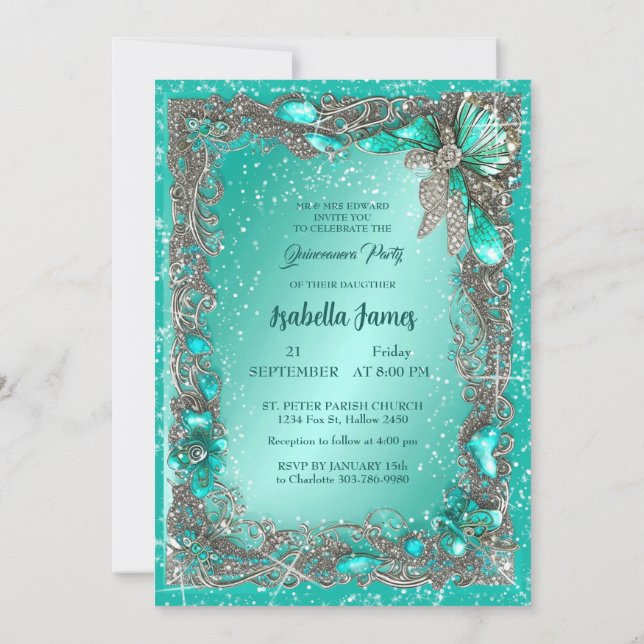 Invitación joyería turquesa de plata elegante mis 15 años (Reverso)