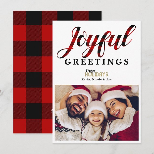 Invitación JOYFUE Red Plaid Holiday Greetings Photo Card (Anverso / Reverso)