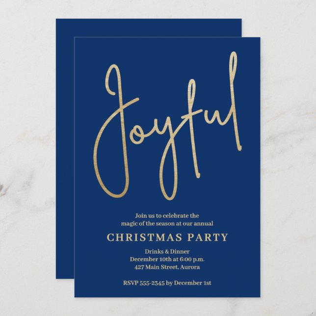 Invitación JOYFUL Gold Faux Foil on Blue Christmas Party (Anverso / Reverso)