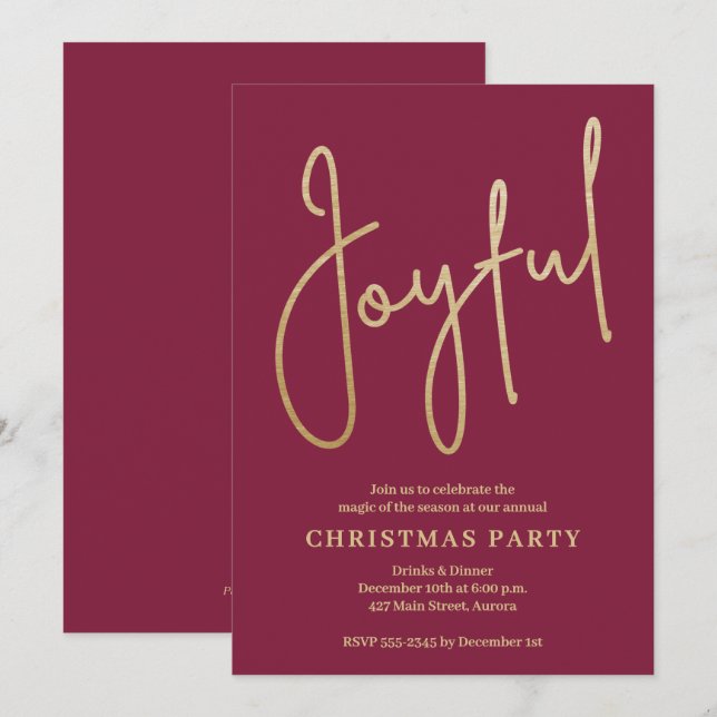 Invitación JOYFUL Gold Faux Foil on Cranberry Christmas Party (Anverso / Reverso)
