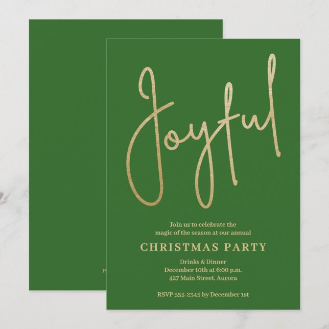 Invitación JOYFUL Gold Faux Foil on Green Christmas Party (Anverso / Reverso)