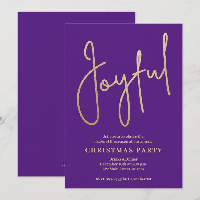 Invitación JOYFUL Gold Faux Foil on Purple Christmas Party (Anverso / Reverso)