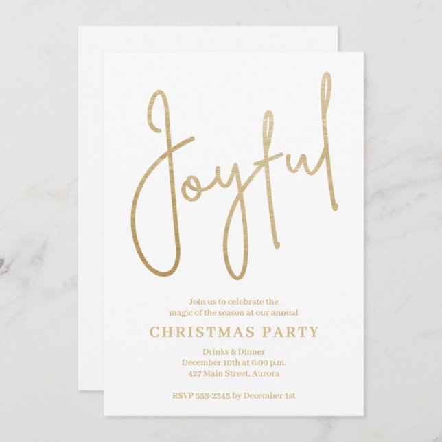 Invitación JOYFUL Gold Faux Foil on White Christmas Party (Anverso / Reverso)