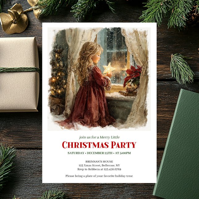 Invitación Joyful Victorian Little Girl Awaiting Santa Print  (Joyful Victorian Little Girl Awaiting Santa Printable Invite)