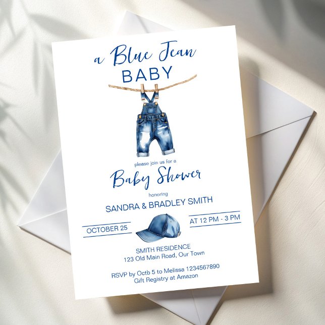 Invitación Juana azul Es una ducha de bebé para niños (Blue jean It's a boy baby shower Invitation cards template minimalist denim baby shower invites)