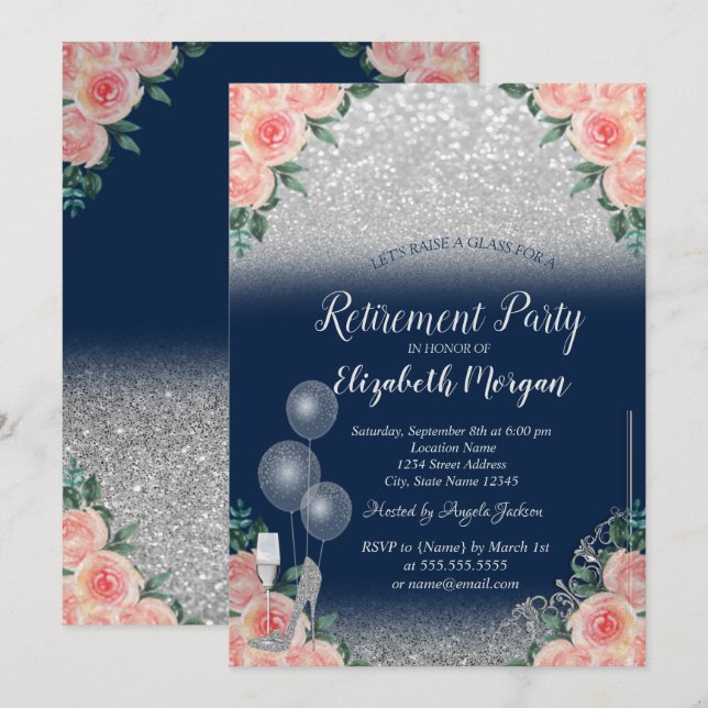 Invitación Jubilación azul de la marina floral Purpurina de g (Anverso / Reverso)