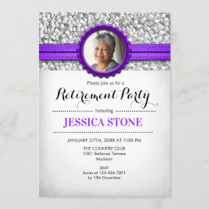 Invitación Jubilación con foto - Blanco morado de plata