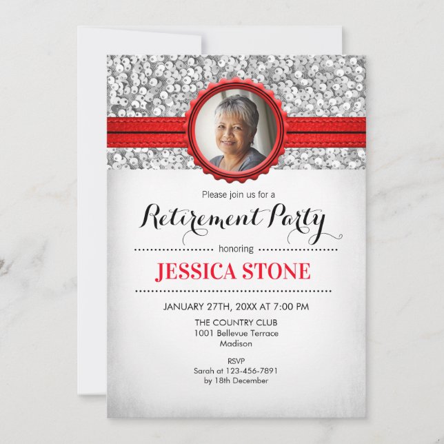 Invitación Jubilación con foto - Blanco Plata Rojo (Anverso)