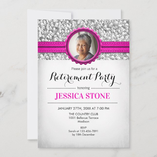 Invitación Jubilación con foto - Blanco Plata Rosa (Anverso)