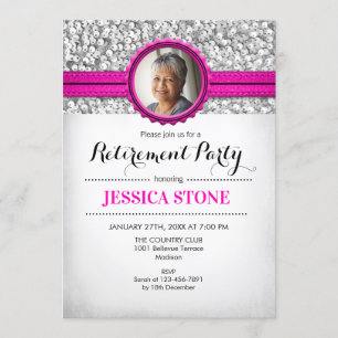 Invitación Jubilación con foto - Blanco Plata Rosa
