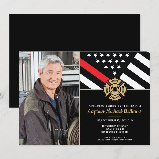 Invitación Jubilación de bombero de la bandera roja de la fot (Anverso / Reverso)