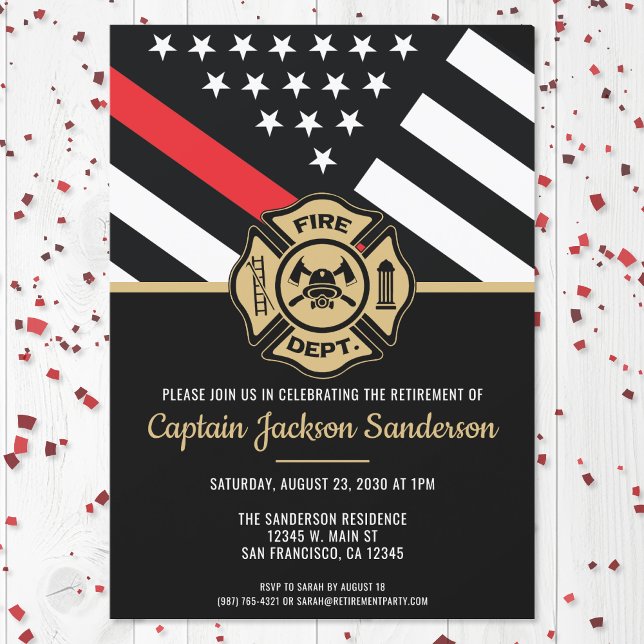 Invitación Jubilación de bombero del Departamento de Bomberos (The perfect firefighter themed firefighter retirement invitation for the new retiree!)