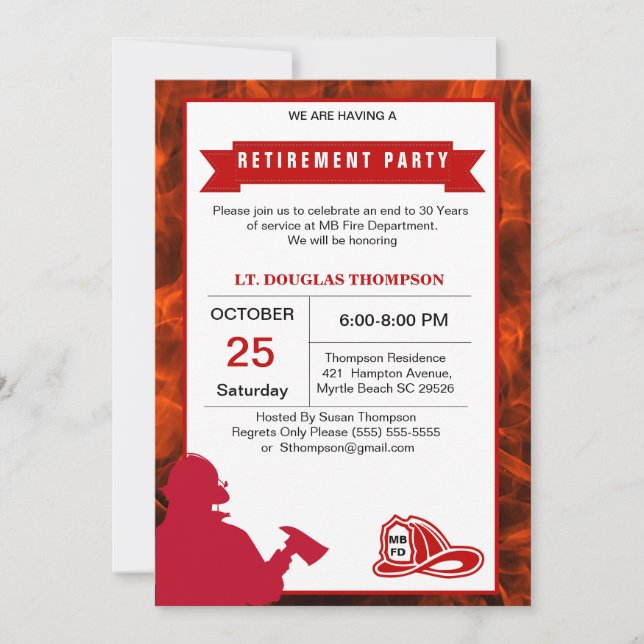 Invitación Jubilación de bomberos de llamas rojas y blancas (Anverso)