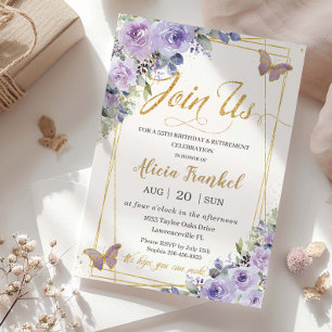 Invitación Jubilación de cumpleaños de la mariposa floral púr