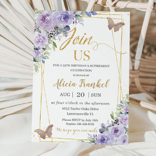 Invitación Jubilación de cumpleaños de la mariposa floral púr