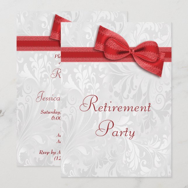 Invitación Jubilación de Damasco Rojo y Faux Bow (Anverso / Reverso)
