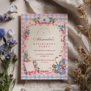 Invitación Jubilación de Enfermera a Cuadros Rosa Azul