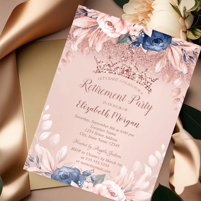 Invitación Jubilación de Flores Azules Tiara, Purpurina de or (Subido por el creador)