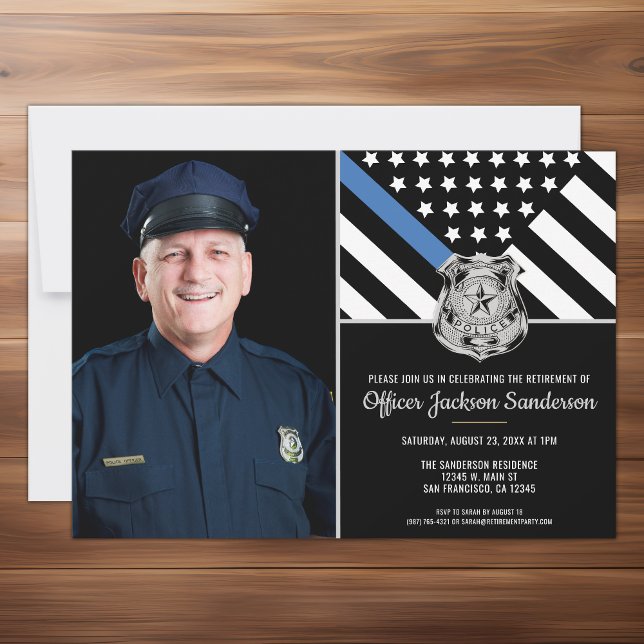 Invitación Jubilación de foto de bandera delgada de la línea  (The perfect customizable photo retirement party invitation for a retiring police officer.)
