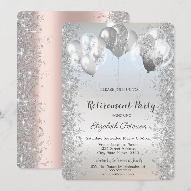 Invitación Jubilación de globos de confetti, Purpurina de pla (Anverso / Reverso)