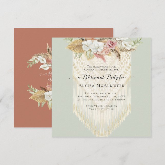 Invitación Jubilación de gramo rosa rosa rosa floral BOHO Pam (Anverso / Reverso)
