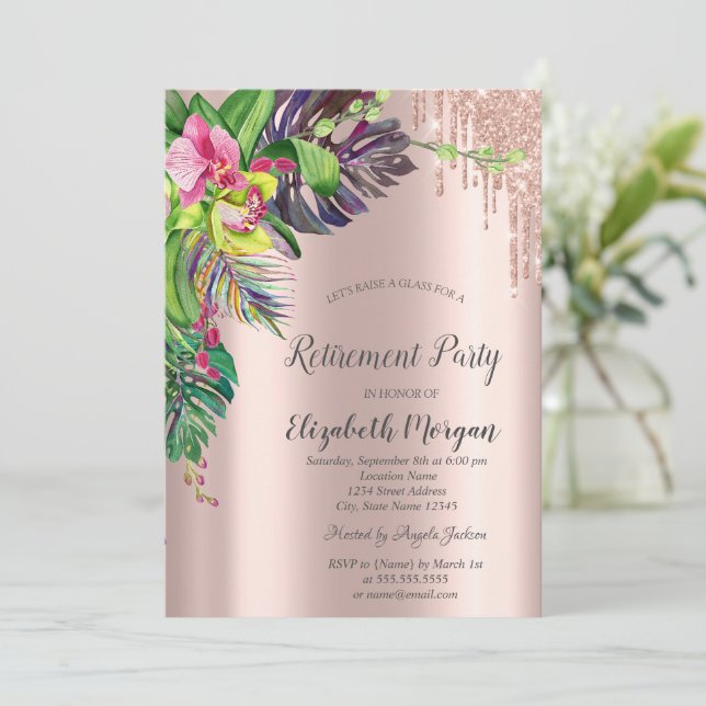 Invitación Jubilación de Hibisco Tropical Rose Gold Drips  (Anverso de pie)