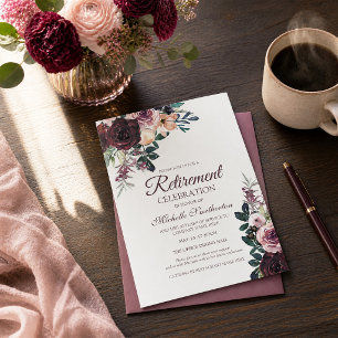 Invitación Jubilación de Hojas Florales Rosa Rubor Borgoña