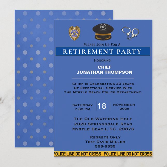 Invitación Jubilación de Jefe de Policía Azul y Oro (Anverso / Reverso)