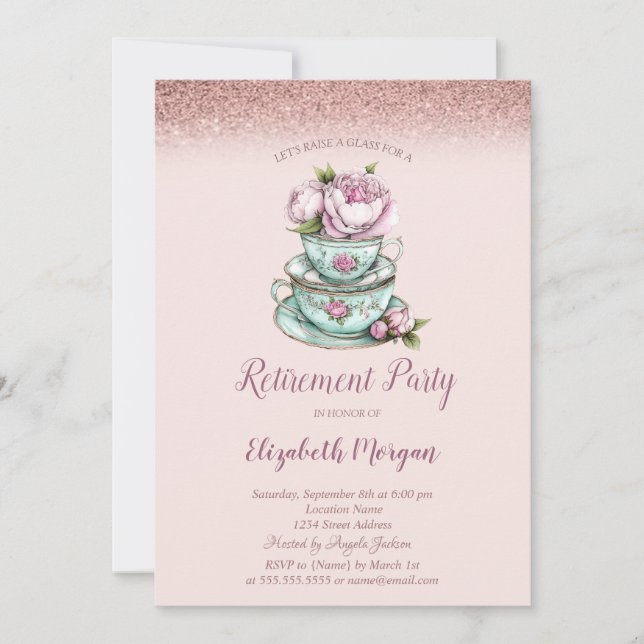 Invitación Jubilación de la Copa de Té Floral del Purpurina d (Anverso)