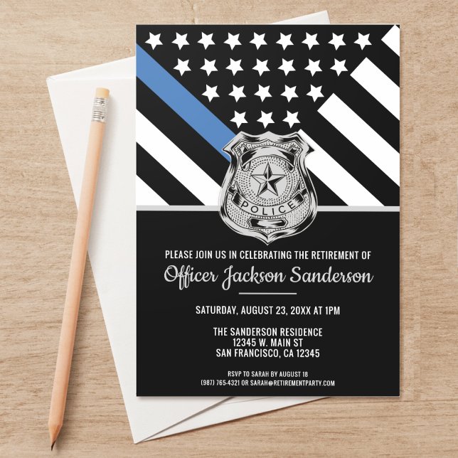 Invitación Jubilación de la policía Línea Azul Bandera Aplica (Perfect invitations to invite guests to honor the retiring police and law enforcement officer.)