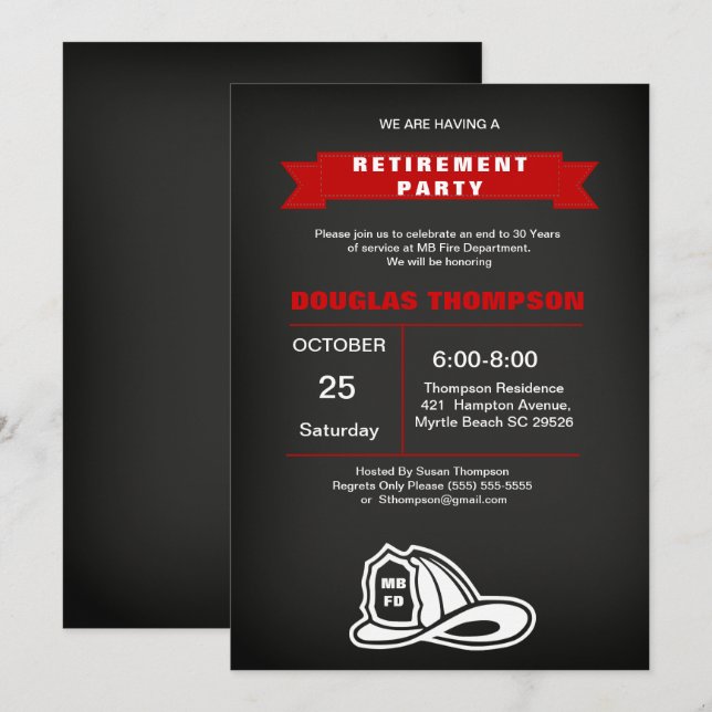Invitación Jubilación de los bomberos de pizarra roja y negra (Anverso / Reverso)