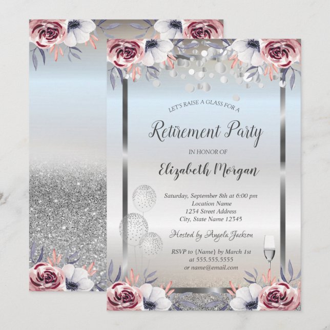 Invitación Jubilación de los globos de vidrio Purpurina de pl (Anverso / Reverso)