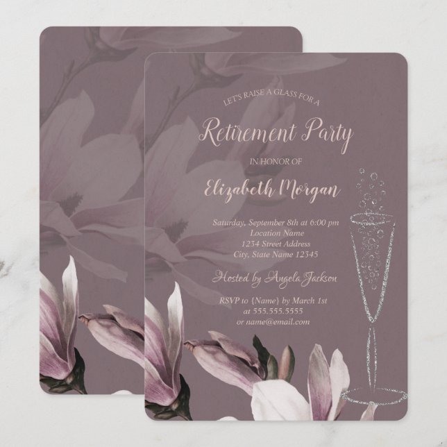 Invitación Jubilación de Magnolia de Vidrio de Champagne (Anverso / Reverso)